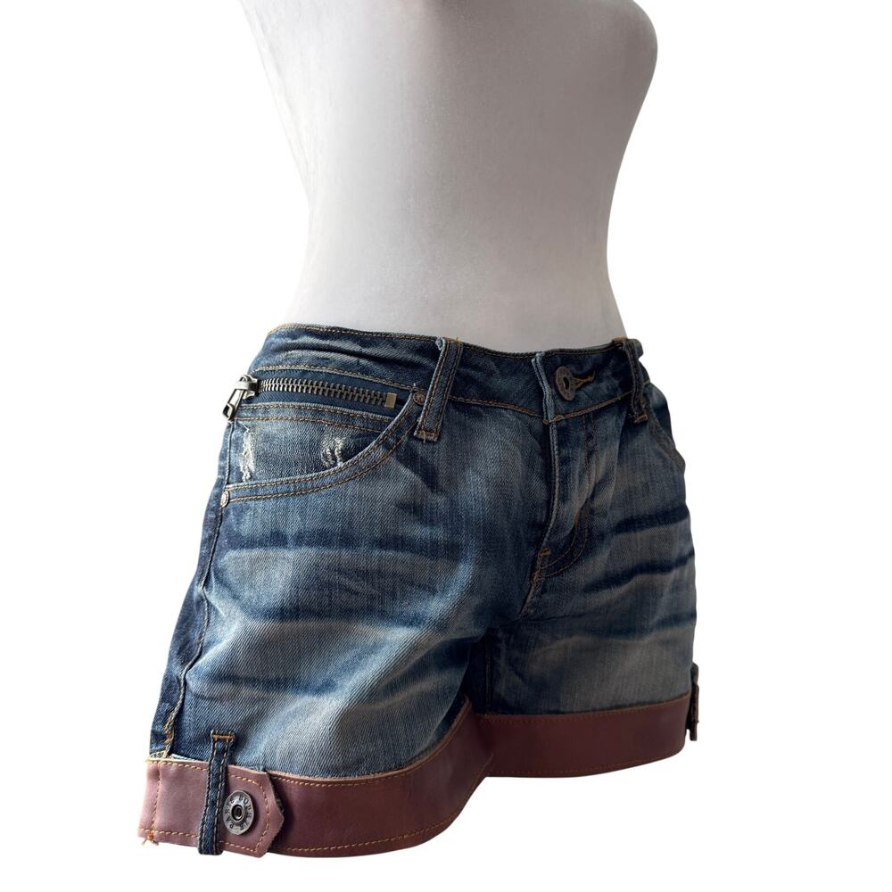 Vintage Y2K Sophie Paris Ultra Low-Rise Denim Shorts w/ Faux Leather Trim